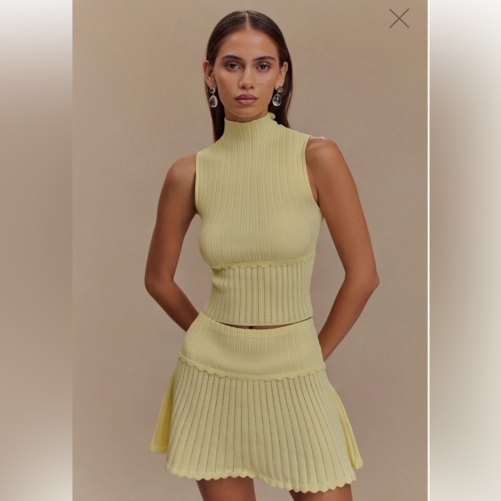 Meshki Pale Yellow Ribbed Knit Skirt Set